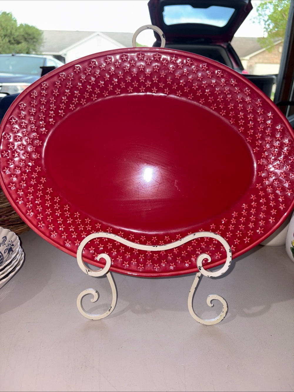 Vintage Bordallo Pinheiro Red Star-Pattern Serving Platter - Home Dining